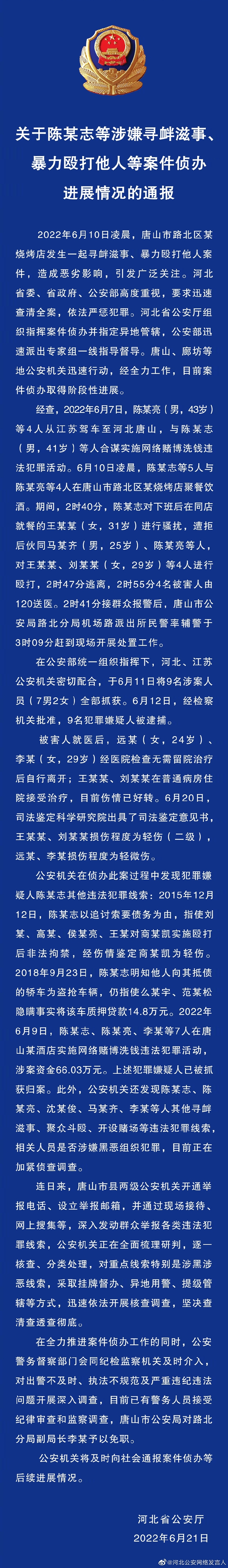 關(guān)于陳某志等涉嫌尋釁滋事、暴力毆打他人等案件偵辦進(jìn)展情況的通報