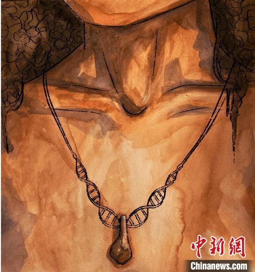 墜飾藝術(shù)再現(xiàn)圖，圖中吊墜繩為DNA螺旋樣式(圖片作者Myrthe Lucas)?！∈┢樟指瘛ぷ匀?供圖