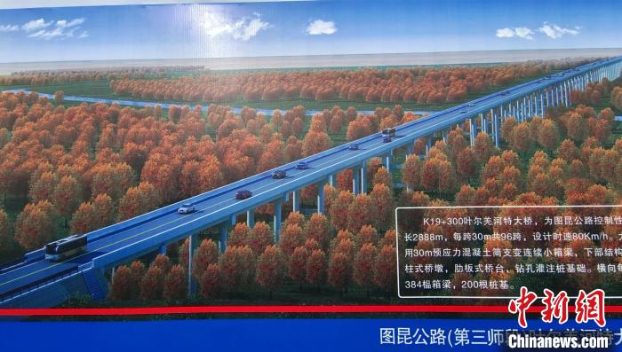 大橋穿越近3000米的原始胡楊林保護(hù)區(qū)。圖為工程效果圖?！∈酚窠?攝