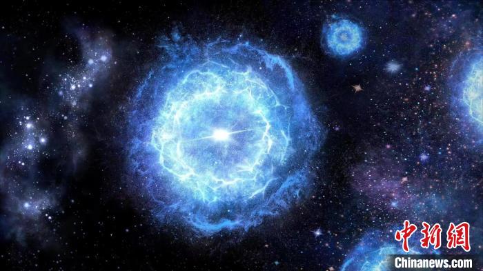 第一代超大質(zhì)量恒星演化成為“對不穩(wěn)定超新星”的藝術(shù)展示圖。　中科院國家天文臺 供圖
