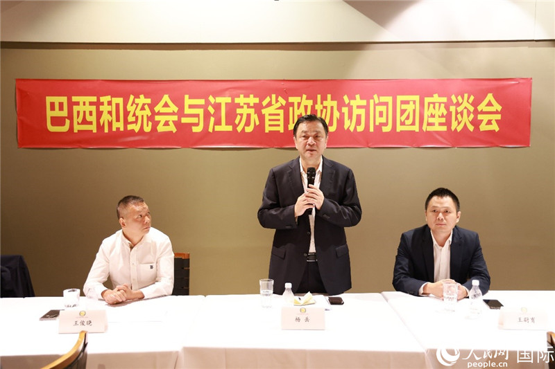 江蘇省政協(xié)副主席楊岳（中）在座談會上致辭。人民網(wǎng)記者 陳海琪攝