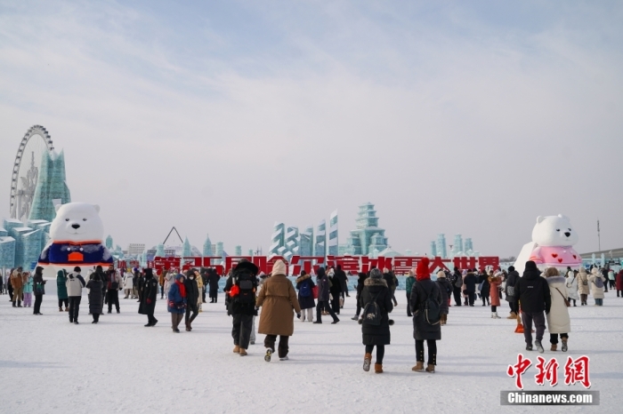 1月4日，第25屆哈爾濱冰雪大世界內(nèi)的冰雕吸引游客觀看。白天的冰雪大世界，游客仿佛置身現(xiàn)實版“冰雪奇緣”。<a target='_blank' href='/'><p  align=