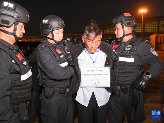 1月30日，在緬甸內(nèi)比都國際機(jī)場，緬甸警方依法向我公安機(jī)關(guān)移交緬北重大犯罪嫌疑人白所成。新華社記者 殷剛 攝