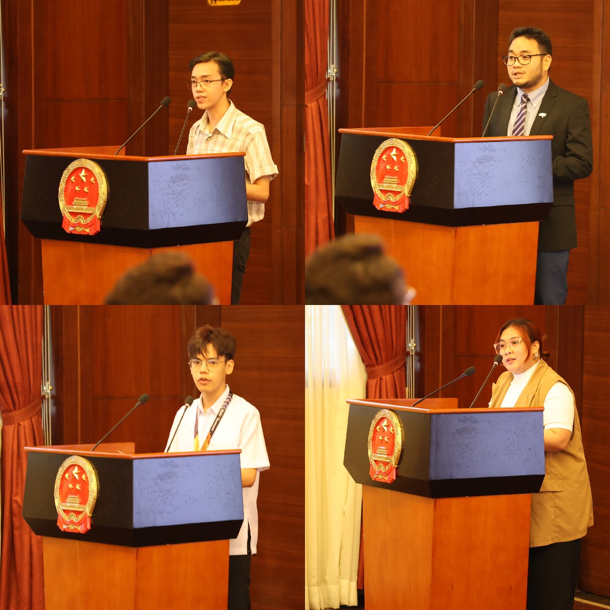 菲律賓大學(xué)、菲律賓師范大學(xué)的4位學(xué)生和校友代表現(xiàn)場發(fā)言向中方表示感謝并分享體會。駐菲律賓使館 供圖
