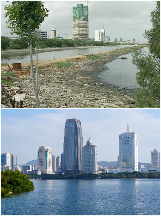 上圖：筼筜湖治理前資料圖。下圖：筼筜湖如今的美麗風(fēng)光。人民網(wǎng)記者 吳超嵐攝