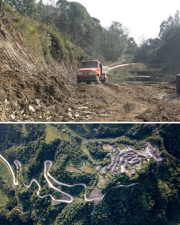 拼版照片：上圖為2011年12月拍攝的湖南省湘西土家族苗族自治州花垣縣十八洞村進(jìn)村道路；下圖為2019年9月拍攝的十八洞村及進(jìn)村道路。