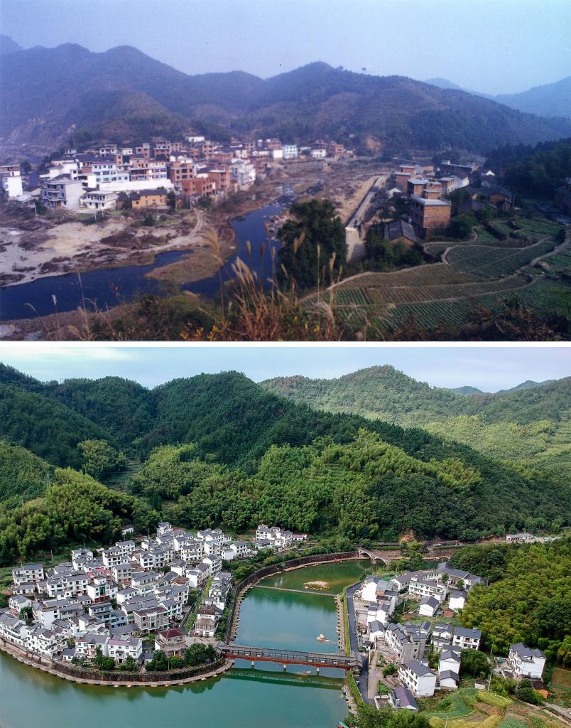 圖為浙江省杭州市淳安縣楓樹嶺鎮(zhèn)下姜村拼版圖，其中上圖為資料照片、下圖由新華社記者張鋮攝。