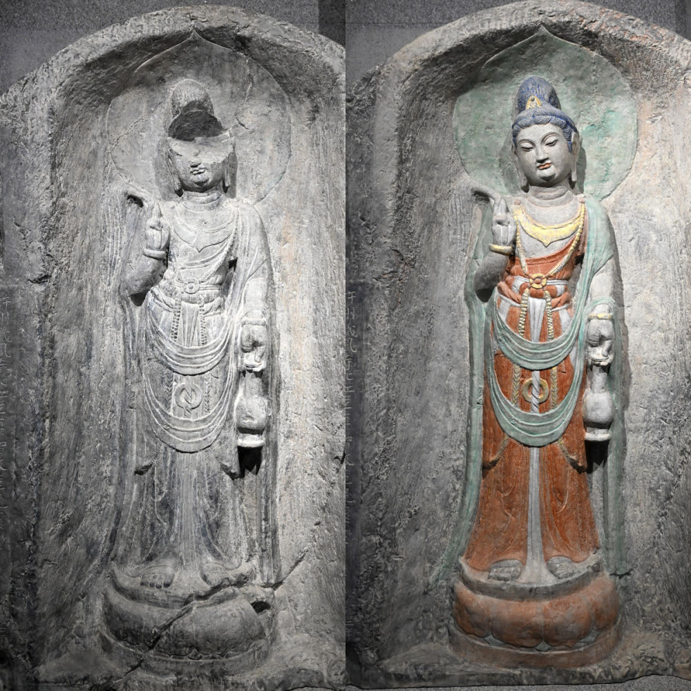 左圖為龍門石窟萬佛洞窟前南壁菩薩造像的3D打印模型；右圖為利用數(shù)字化技術復原后的3D打印模型（2025年4月10日攝，拼版照片）。復原后的像龕精妙絕倫，栩栩如生，被游客譽為“龍門最美菩薩”。圖片來源新華社