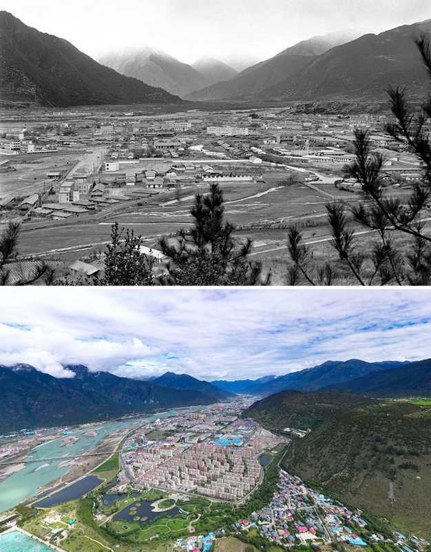 拼版照片：上圖是20世紀(jì)90年代的西藏林芝八一鎮(zhèn)；下圖是2021年7月20日拍攝的西藏林芝八一鎮(zhèn)風(fēng)貌。