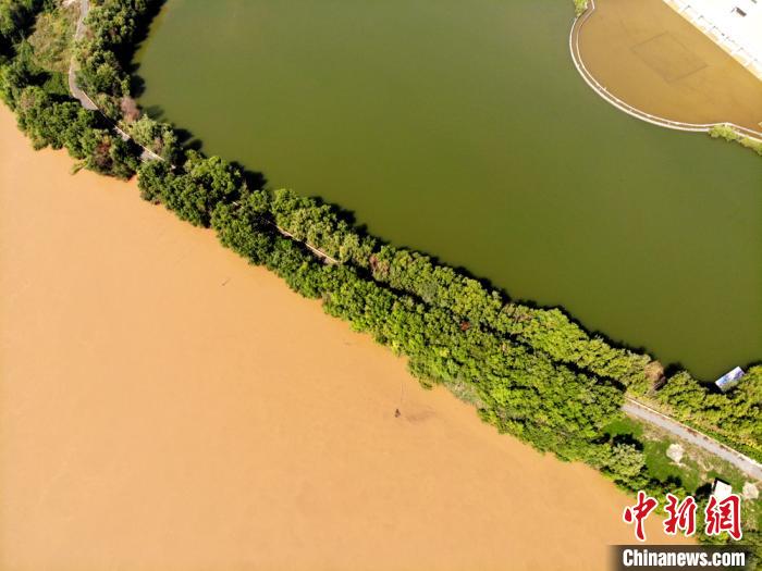 圖為2020年9月3日航拍黃河蘭州段濕地公園現(xiàn)黃河“鴛鴦鍋”。(資料圖) 高瑩 攝