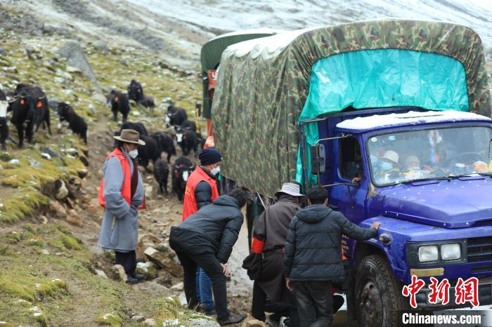 圖為牧民們查看車輛準備出發(fā)。　洛克 攝