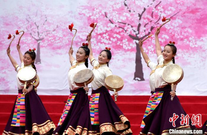 3月28日，西藏林芝第二十屆桃花旅游文化節(jié)開(kāi)幕式上的文藝表演。　李林 攝